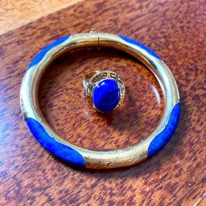 Vintage 14K Gold & Lapis Lazuli Ring & Bracelet Mid-Century Modern Set